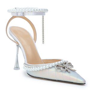 NWT MACH & MACH 100mm Pearl IRIDESCENT BOW OF ELIZABETH PVC HEELS